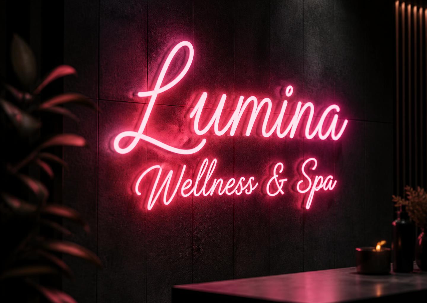 Lumina Wellness & Spa pink neon sign in a dark studio