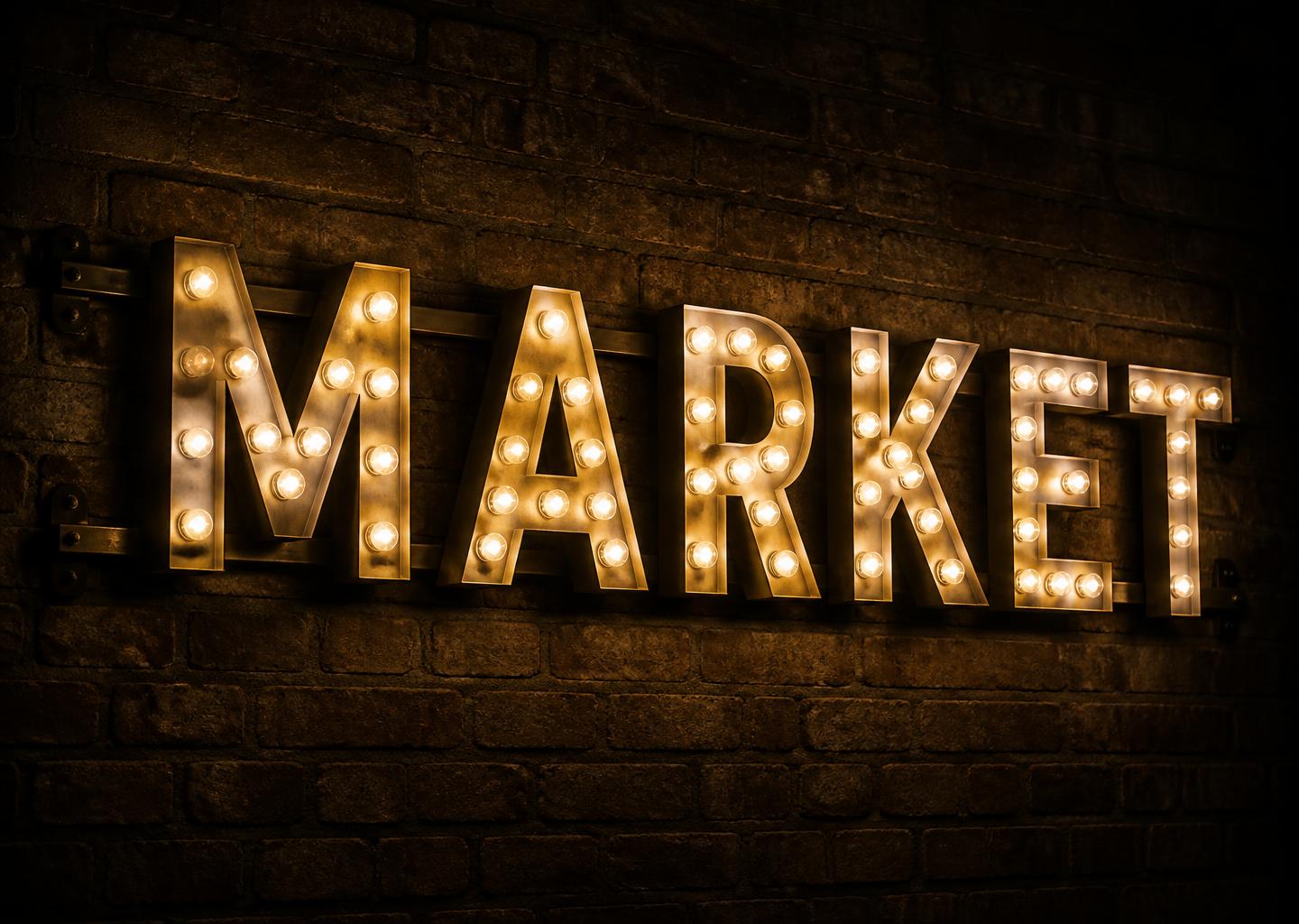 MARKET warm white marquee bulbs on dark brick