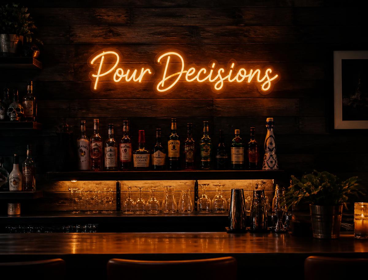 “Pour Decisions” Home Bar Neon Sign